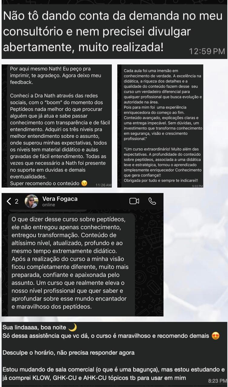 Prints de depoimentos de alunas via WhatsApp